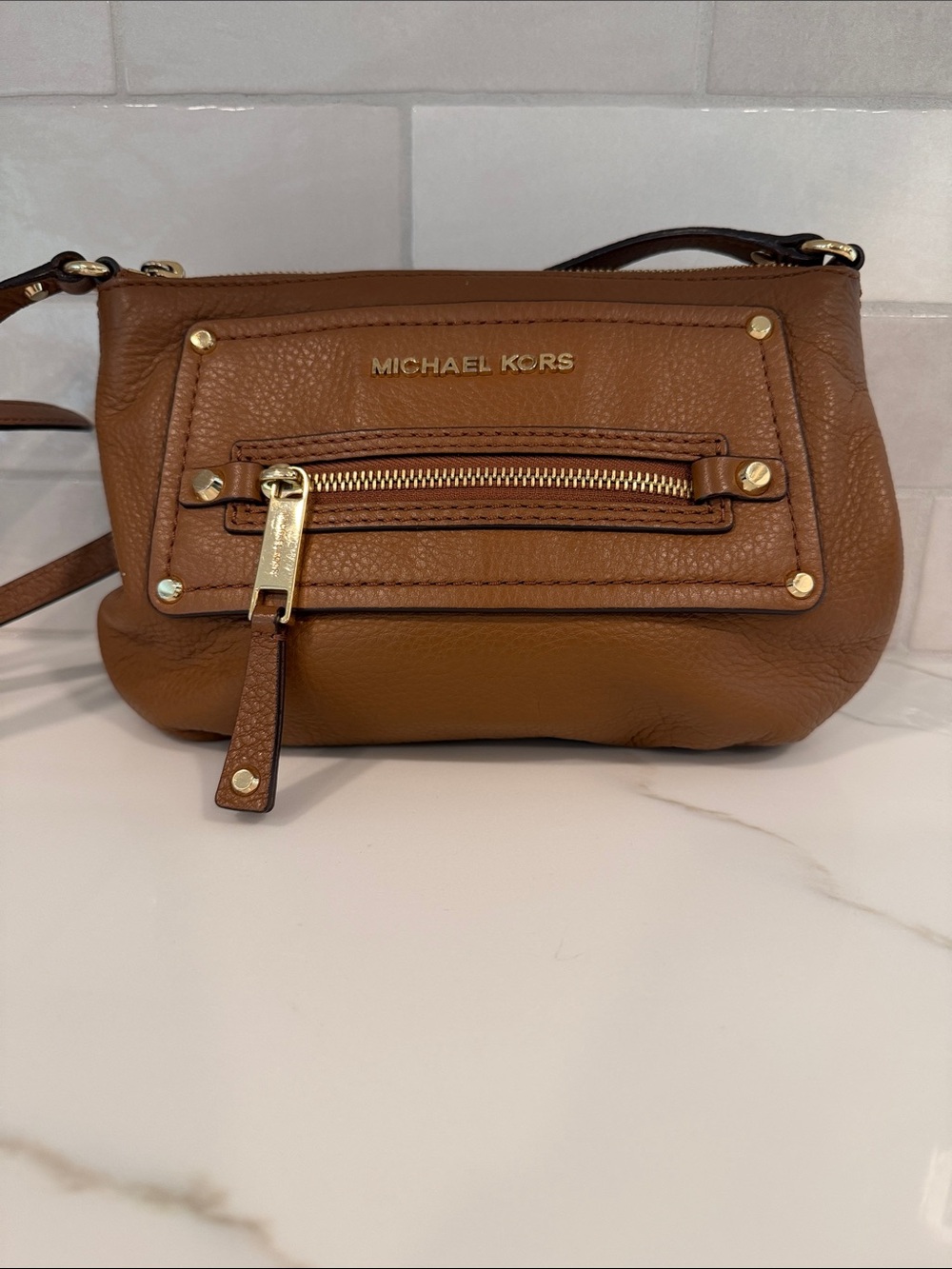 Michael Kors Brown Leather Crossbody with Gold Hardware